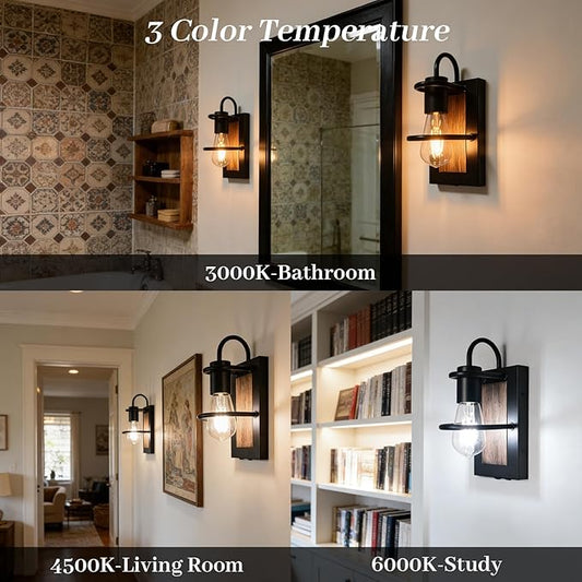 Battery Operated Wall Sconce Set of 2, Wireless Wall Lights with Remote Control, Dimmable 3 Color Temperatures, Rechargeable Wall Sconce with Vintage Faux-Wood Finish for Bedroom Living Room