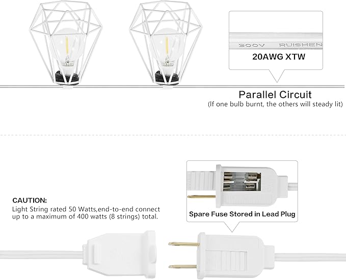JONATHAN Y 10' White LED String Lights, 10-Light Indoor/Outdoor Set for Patio Deck, Modern Iron Diamond Cage Shade, Weather-Resistant, Connectable, UL Listed (JYL8705B)