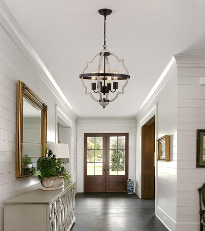 MEIXISUE Rustic Farmhouse Chandelier,ORB+Oak Finish,4-Light Vintage Antique Chandeliers Pendant Light Fixtures for Kitchen Dining Room Living Room Entryway Foyer UL Listed