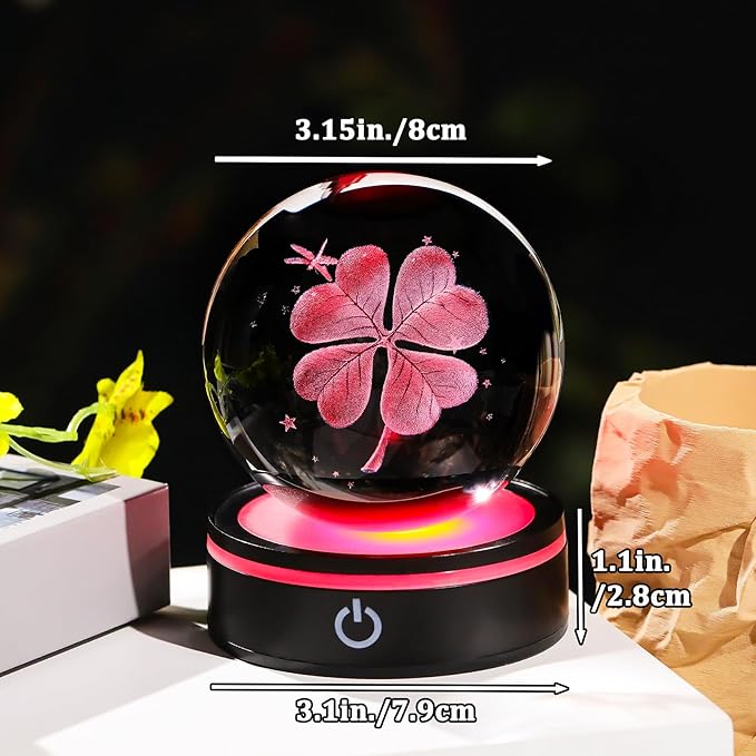 YWHL 3D Crystal Four-Leaf Clover Ball Figurine with Colorful LED Base, Four-Leaf Clover Good Luck Gifts for Women Men on Birthday, Glass Plants Art Statue Decorative Ball for Home Decor (80mm)