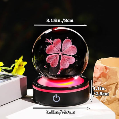 YWHL 3D Crystal Four-Leaf Clover Ball Figurine with Colorful LED Base, Four-Leaf Clover Good Luck Gifts for Women Men on Birthday, Glass Plants Art Statue Decorative Ball for Home Decor (80mm)