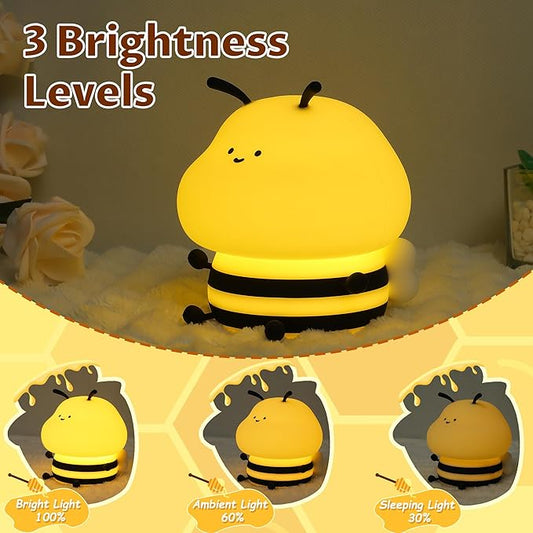 YuanDian Cute Bee Night Light for Kids, Nursery Night Lamp Kawaii Animal Bedside Nightlight with 7 Colors 3 Levels Dimmable Tap Control Rechargeable Nightlights