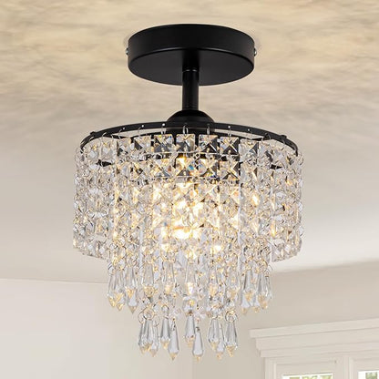 8" Black Chandelier 3-Tier Crystal Raindrop Flush Mount Ceiling Light Fixture Mini Chandelier Light for Bedroom Kitchen Hallway Bathroom Closet (Black)