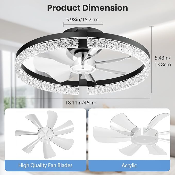 StarryEver LED Ceiling Fans with Lights and Remote, 18 inch Modern Smart Ceiling Fan, 6 Speeds and 3000K-6500K Stepless Dimmable Quiet Fan Lights Ceiling for Bedroom, Living Room, Dining Room, Black