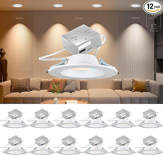 Lightdot 6 Inch Recessed Lighting 12 Pack White, 12W Dimmable LED Downlight 3CCT Selectable (3000K/4000K/5000K), Anti-Glare Slim Canless Ceiling Light