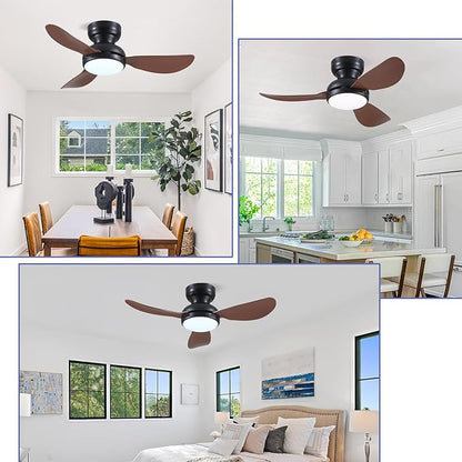 Kviflon 36 Inch Ceiling Fans with Lights, Small Flush Mount Ceiling Fan, Remote/APP Control, 3 Reversible Curved Blades, 6 Speeds, 3 CCT Dimmable Lights for Bedroom Kids Room, Brown