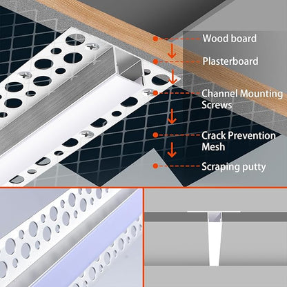 10 Pack Aluminum LED Channel 6.6FT/2M Plaster-in with Strip Diffuser and Milky Cover Tape Light Track LED Profile for Various Lighting Applications