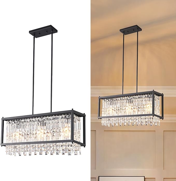 LMQNINE Modern Rectangle Chandelier for Dining Room, Black Crystal Chandelier Linear Light Fixture, Farmhouse Chandeliers for Kitchen Island, Bar Table, L25.98'' x W9.84'' x H8.66''