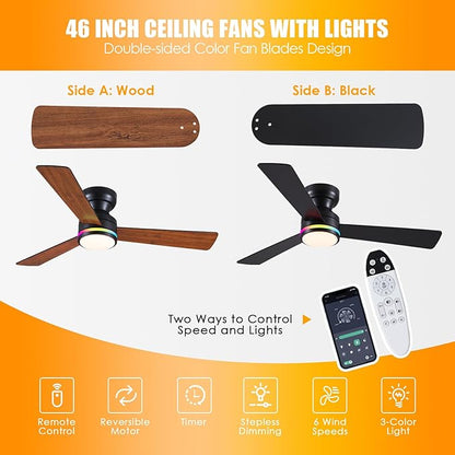 Asyko 46" RGB Ceiling Fans Light,Low Profile Ceiling Fans with Lights and Remote,Modern Flush Mount Ceiling Fan Light with Quiet Reversible DC Motor for Bedroom Kids Room