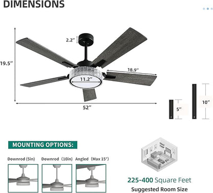 YITAHOME 52 Inch Chandelier Ceiling Fans with Lights and Remote/App, Smart Black Ceiling Fans Compatible with Alexa, Reversible Quiet DC Motor, Dual Finish Blades, Dimmable Lighting for Living Room