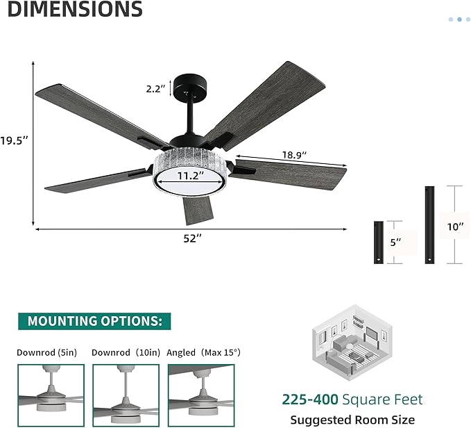 YITAHOME 52 Inch Chandelier Ceiling Fans with Lights and Remote/App, Smart Black Ceiling Fans Compatible with Alexa, Reversible Quiet DC Motor, Dual Finish Blades, Dimmable Lighting for Living Room