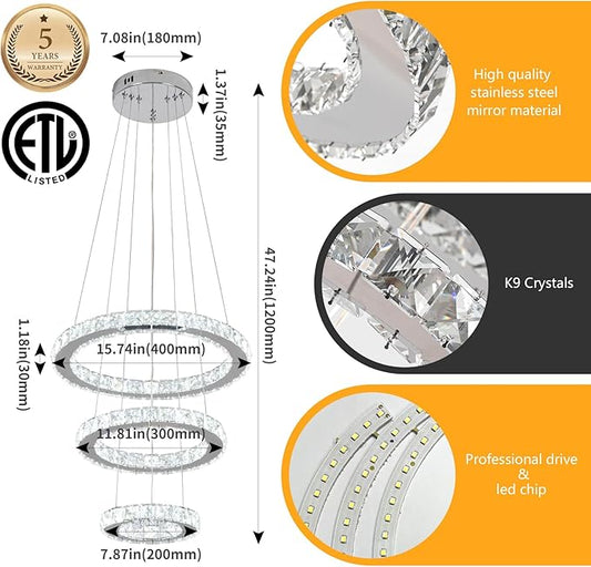 Buccleuch 3-Ring Crystal Chandelier, ETL-Listed Dimmable LED Pendant Light, Slope Ceiling Compatible Stainless Steel K9 Crystal Ceiling Light for Dining Room Bedroom Living Room, 6500K