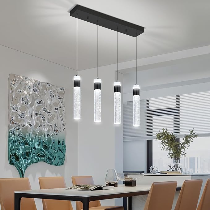 4-Light Gold Pendant Lights Kitchen Island Modern LED Gold Crystal Column Chandeliers Dimmable Crystal Ceiling Light for Dinning Room Living Room 32W