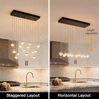 14 Lights Black Raindrop Rectangle Chandelier, Modern Bubble Crystal Chandelier for Dining Room, Large Pendant Light for High Ceilings Staircase Foyer Entryway Living Room Kitchen Island