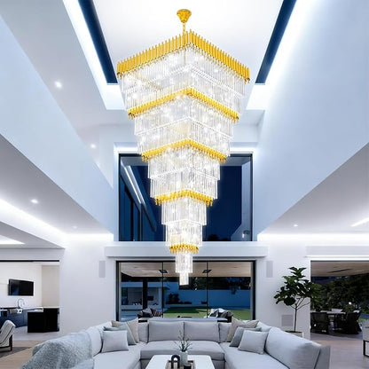 W40 x H120 Large Gold Chandeliers for High Ceiling, 37-Light Square Tiered K9 Crystal Raindrop Chandelier, Adjustable Height Luxury Pendant Light for Staircase, Villa Foyer, Entryway