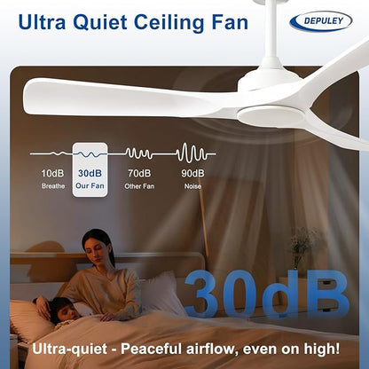 Depuley Ceiling Fan Without Light: 52 Inch 3 Blade Outdoor Fans for Patios - White Ceiling Fan No Light Indoor Remote Control Ultra Quiet DC Motor Reversible 6 Speed Timer