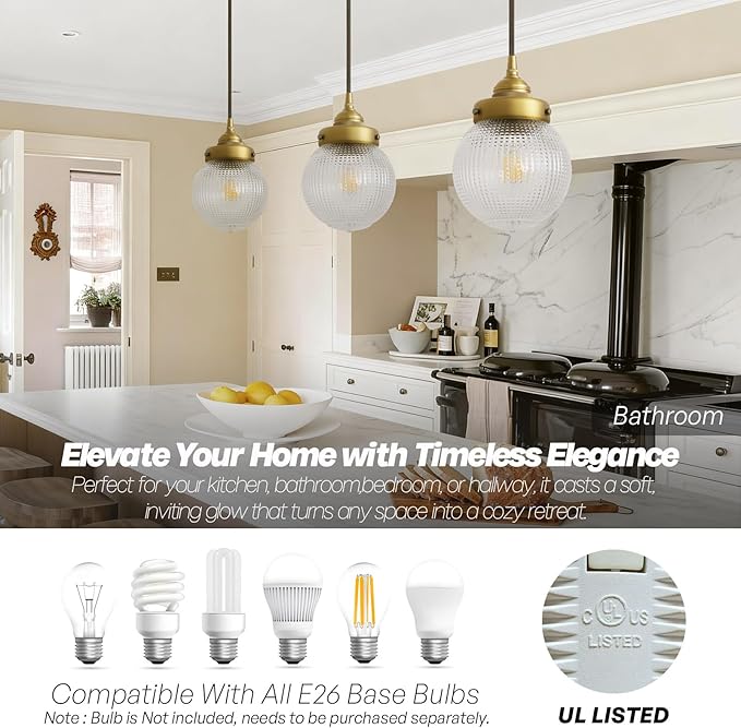 Vintage Ceiling Pendant Light with Clear Ribbed Glass Lampshade, Farmhouse Kitchen Island Hanging Light Fixture for Dining Room Hallway Entryway