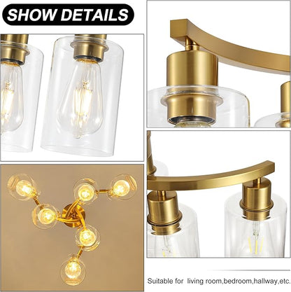 CNRATYE 6-Light Gold Chandeliers for Dining Room, Modern Kitchen Island Light Fixtures Over Table, Metal Hanging Pendant Lighting for Living Room Stairwell Entryway Bedroom, Clear Glass Shade