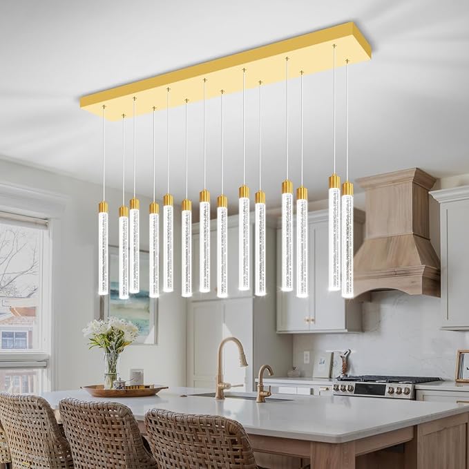 Modern Rectangular Crystal Chandelier for Dining Room LED Dimmable Crystal Column Pendant Light for Kitchen Island Entrance Foyer Living Room Adjustable Height 14-Lights Gold
