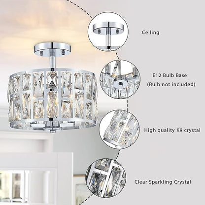 MEXO Farmhouse Crystal Round Semi Flush Mount Modern Close to Ceiling Light Fixture, Cylinder Drum Shade Ceiling Lights 3LT Ceiling Lamp for Kitchen Island Dinning Room Bedroom