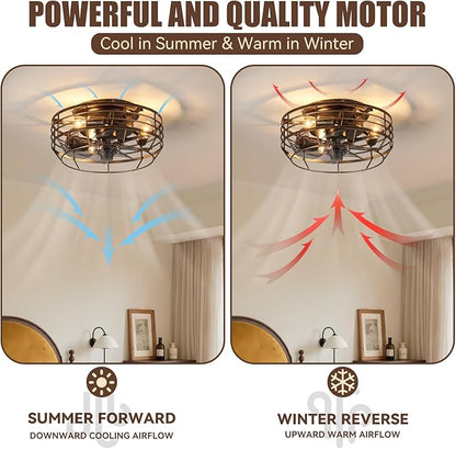 Farmhouse Caged Ceiling Fan with Light, Remote Control Flush Mount Fan Lights Ceiling Fixtures 12 In, 6 Speeds Bladeless Quiet Reversible Motor Indooor Lights for Living Room, Bedroom, Black and Gold