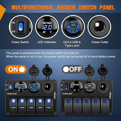Nilight 5 Gang Rocker Switch Panel Waterproof Pre-Wired Aluminum Power Control Marine Panels with PD Type C and USB Cigarette Lighter Socket Voltmeter 12V 24V ON Off Switches for Car Trucks Boats RVs