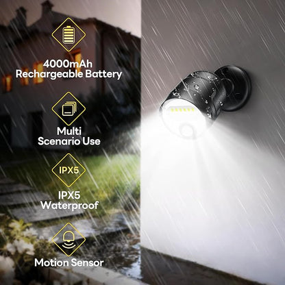 Rechargeable Battery Operated Motion Sensor Light, 4000mAh Battery Powered Spotlight 600 Lumen Outdoor IP65 Waterproof for Porch, Yard, Wall, Garden