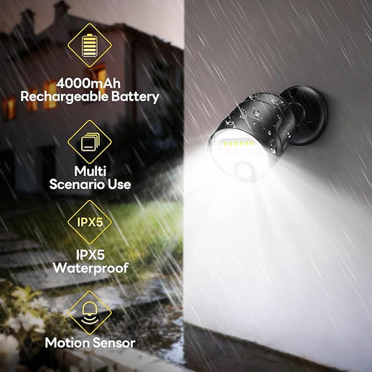 Rechargeable Battery Operated Motion Sensor Light, 4000mAh Battery Powered Spotlight 600 Lumen Outdoor IP65 Waterproof for Porch, Yard, Wall, Garden