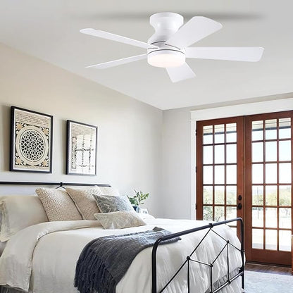 41 inch Ceiling Fans with Lights, White Flush Mount Ceiling Fan with Remote, 3CCT, LED Dimmable, Reversible, 6 Fan Speeds, Quite Low Profile Ceiling Fan with Lights Modern Bedroom Kitchen Indoor