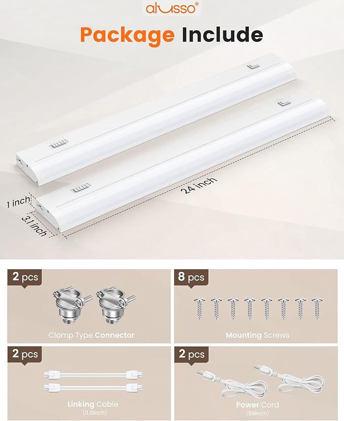 ALUSSO 24 Inch LED Under Cabinet Lighting Hardwired & Plug in 120V, 5CCT Color Selectable 2700K-5000K Dimmable 15W 1350LM High Brightness, Strip Linkable Under Counter Lights for Kitchen Sink, 2 Pack