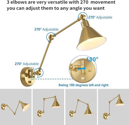 TRLIFE Wall Sconce Plug in, Brushed Brass Dimmable Wall Sconce Swing Arm Wall Lights Plug in Wall Mounted Light with 6FT Plug in Cord, E26 Base, UL Listed(1 Pack)