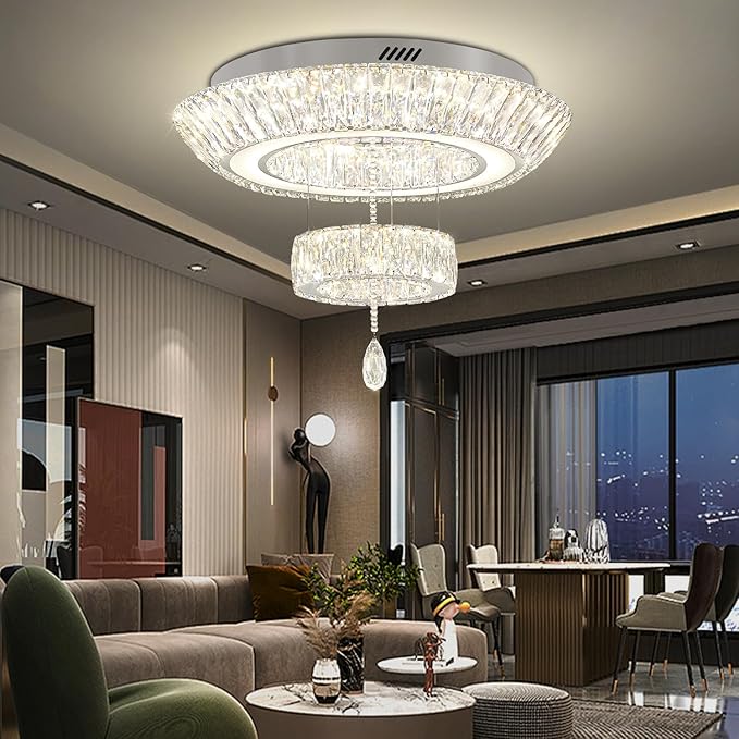 24inch Led Ring Crystal Chandelier,Modern Luxury Crystal Chandelier for Dining Living Room 2-Tier Crystal Raindrop Chandeliers Lighting Dimmable LED 3000-6000K