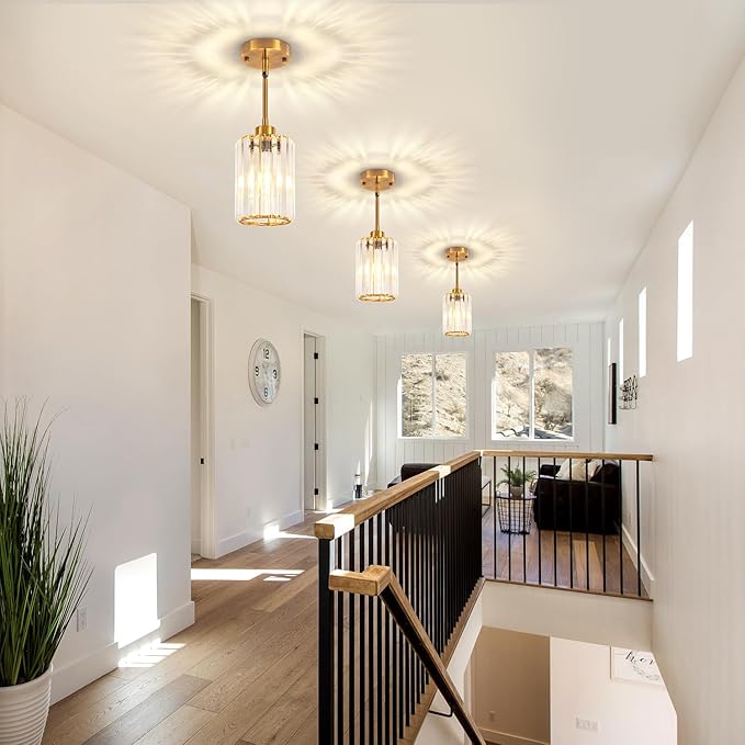 Brushed Gold Crystal Pendant Lights Kitchen Island, Modern Pendant Lighting Over Island Kitchen Hanging Light Fixtures Adjustable Mini Pendant Light for Dining Room Bathroom Entryway Hallway Foyer