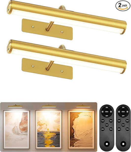 EZVALO Picture Light for Wall, ⁠13-Inch Wireless Rechargeable 4000mAh LED Art Light with Remote, Dimmable 3 Color Temps, Battery Operated Wall Light for Living Room, Bedroom, Gallery (Gold, 2 Pack)