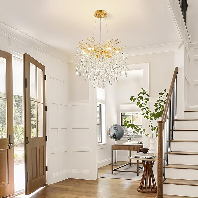 Modern Tree Branch Crystal Chandelier 18" Gold Luxury Large Pendant Lighting 6-Light Contemporary K9 Crystal Chandeliers for Dining Room Kitchen Living Room Foyer Entryway (Gold, D18-Round)
