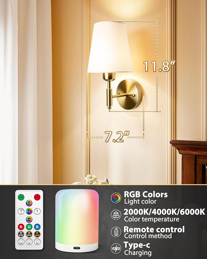 Adetu Battery Operated Wall Sconces Set of Two, Gold Rechargeable Wall Lights with 10000mAh RGB Rechargeable Magnetic Bulb, Battery Wall Sconce with Remote Control for Bedroom Decor