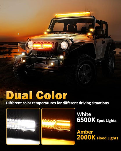 Auxbeam 6 Modes Amber White Series, 30 Inch 180W LED Light Bar Dual Color Flash Strobe Light, Spot Flood Combo Emergency Off-Road Lighting, for Trucks, Jeeps, ATV, UTV, SUV, Cars, Boats