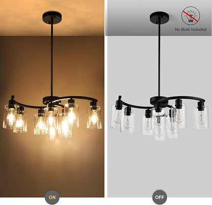 CNRATYE 9-Light Black Modern Chandeliers for Dining Room, Adjustable Height Farmhouse Kitchen Island Lighting, Industrial Hanging Light Fixtures for Living Room Bedroom, Clear Glass Shade
