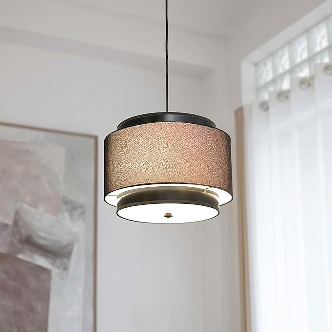 Globe Electric 61189 2-Light Pendant Light Fixture, Matte Black, Linen Outer Shade, Fabric Cord, Dining Room Fixture, Kitchen Island Lighting, Living Room Pendant Light, Hanging Lights for Bedroom