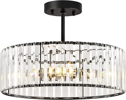 Pevfah Crystal Black Ceiling Light, Modern Semi Flush Mount Ceiling Lighting Fixture, Round Hallway Lighting Fixtures Chandelier for Kitchen Entryway Bedroom Dining Room, 3-Light, 15.7 Inch