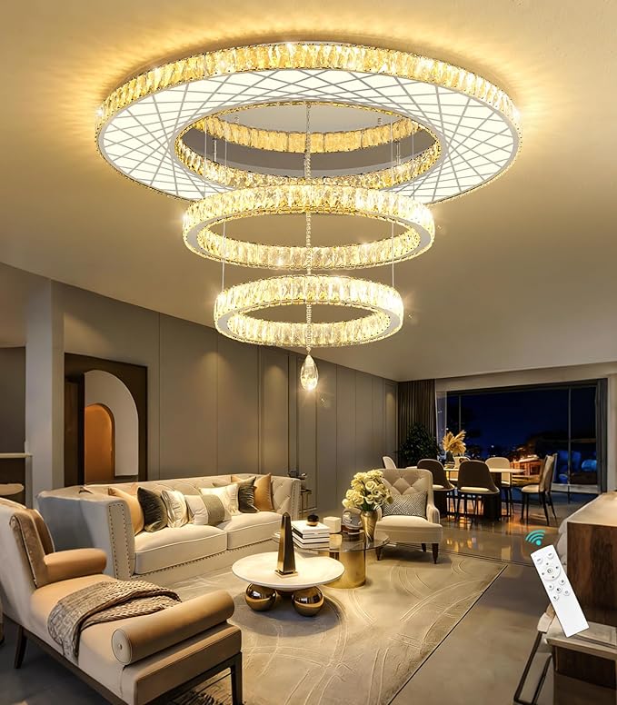 HAIXIANG Crystal Glam Chandelier LED Ceiling Light Living Room Lighting Fixtures Remote Dimmable Ceiling Chandeliers Silver 40 Inches Large Light