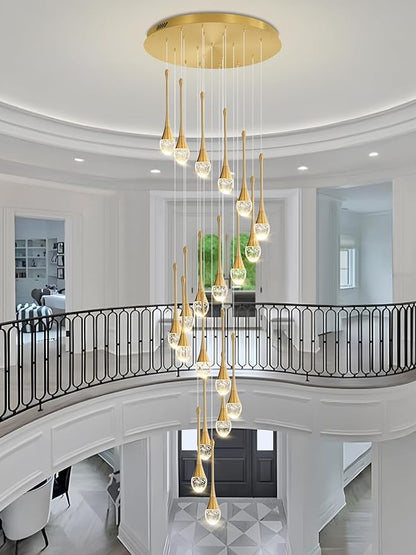 ykolupty 138'' High Ceiling Chandelier for Entryway Gold Raindrop Crystal Chandeliers for Living Room Foyer Staircase Flush Mount Sloping Ceiling Pendant Light Fixture LED Dimming 2700k-6000k