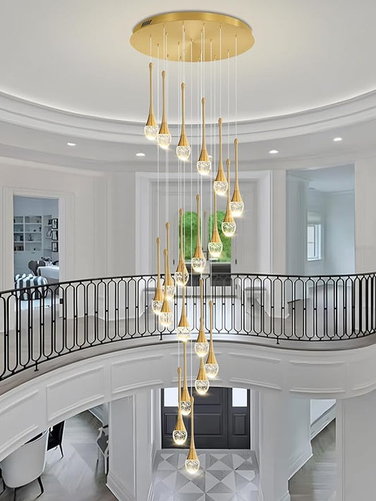 ykolupty 138'' High Ceiling Chandelier for Entryway Gold Raindrop Crystal Chandeliers for Living Room Foyer Staircase Flush Mount Sloping Ceiling Pendant Light Fixture LED Dimming 2700k-6000k