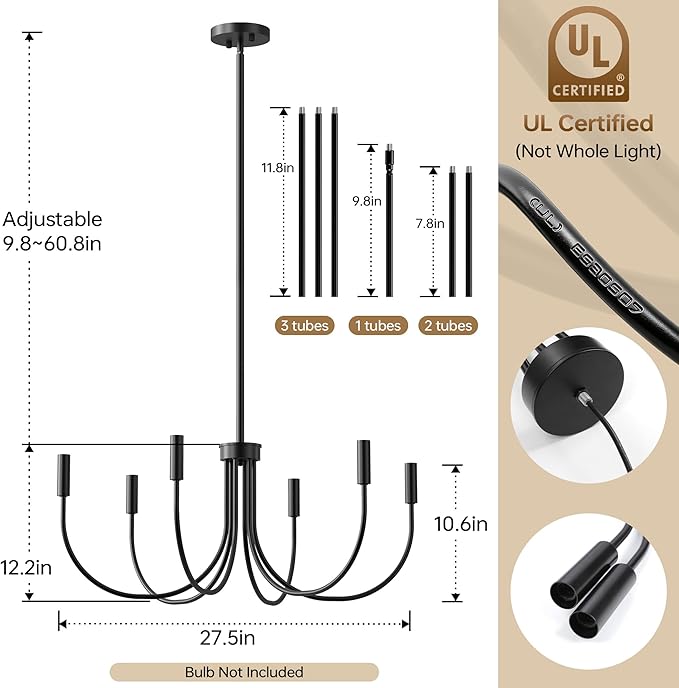 ropelux Dining Room Chandelier, 6-Light Black Farmhouse Light Fixtures Over Table, Hanging Height Adjustable Kitchen Island Lighting with E12 Base (Bulb not Included) for Foyer Bedroom Entryway