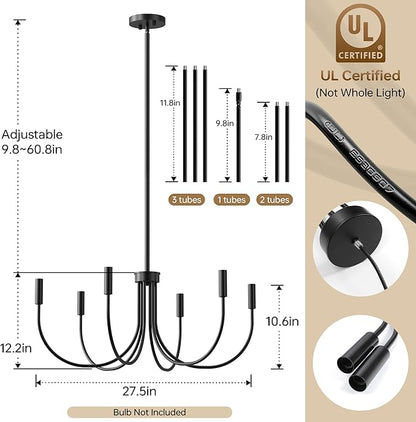 ropelux Dining Room Chandelier, 6-Light Black Farmhouse Light Fixtures Over Table, Hanging Height Adjustable Kitchen Island Lighting with E12 Base (Bulb not Included) for Foyer Bedroom Entryway