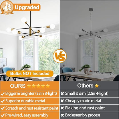 MQMQA Sputnik Chandeliers Dining Room Light Fixture (8-Light, 30-Inch), Modern Brushed Gold and Black Chandelier, Height Adjustable Mid Century Modern Chandeliers for Dining Room (Bulbs Not Included)