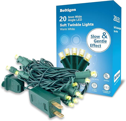Boltigen Soft Twinkle Lights,20 LED Slow Twinkling, 5mm Wide Angle Christmas Lights, UL Certified 7 Ft Extendable for Home Garden Indoor Outdoor Use Party Wedding Day Decoration (Warm White, 20 LED)