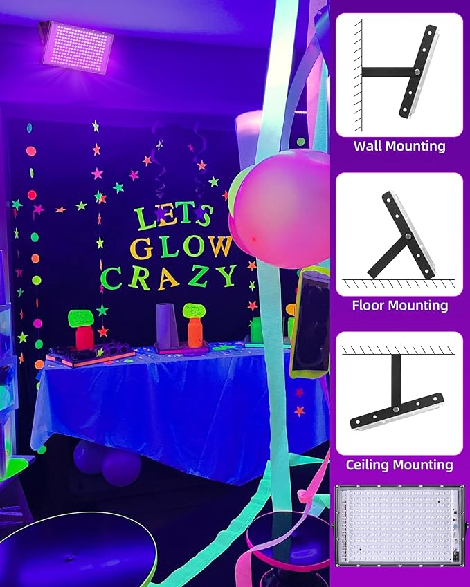 THECHAM 200W LED Black Lights IP66 Waterproof Black Light Outdoor with 10ft Plug+Switch, Flood Blacklight for Halloween Glow in The Dark Party Stage Light Neon Glow Birthday 2 Pack