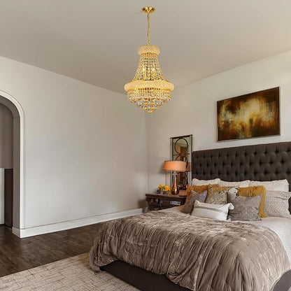 Crystal Chandeliers for Dining Room Light Fixtures Over Table, Empire Style K9 Crystal Chandelier for Living Room, 6 Lights Gold Luxury Lighting Fixtures for Bedroom Kitchen Island Entryway D15 Inch