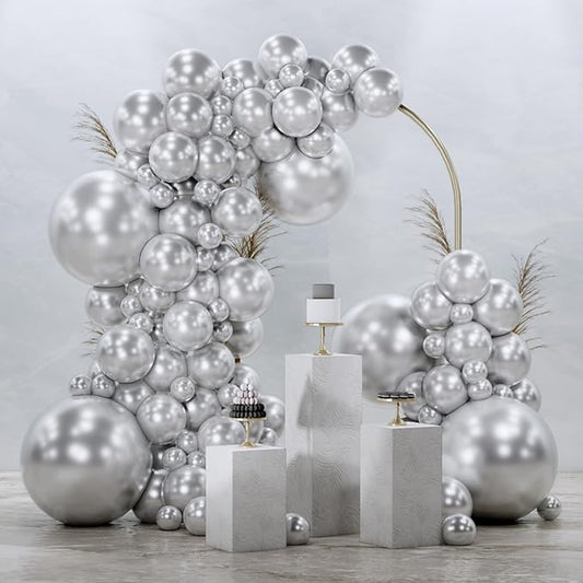 PartyWoo Silver Balloons 145 pcs Different Sizes of 18 12 10 5 Inch Silver Balloon Arch Kit Garland for Birthday Graduation Bachelorette Engagement Bridal Shower Wedding Party Decorations Silver-G102